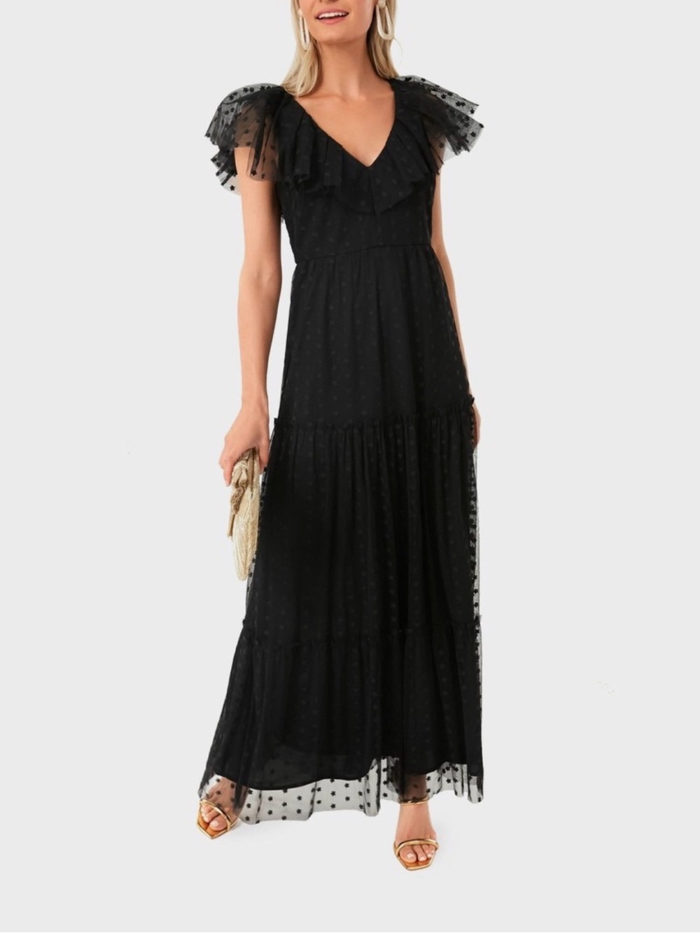 Tuckernuck Black Swiss Dot Ruffle Maxi Formal Dress